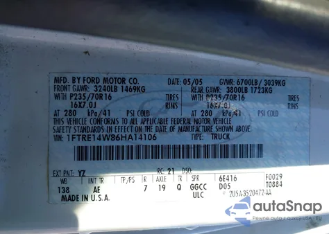 2006 Ford E-150 Commercial/Recreational from USA, damaged, VIN 1FTRE14W86HA14106